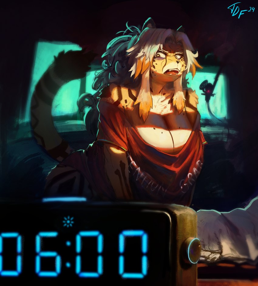 angry annoyed anthro bed bedding bedroom big_breasts big_butt bottomwear breasts butt clock clothed clothing curvy_figure electronics female front_view fur furniture hair highlights_(coloring) huge_breasts just_woke_up leaning leaning_forward looking_at_object markings mature_anthro mature_female messy_hair messy_room microphone open_mouth orange_eyes orange_highlights oversized_clothing oversized_shirt oversized_topwear overweight overweight_anthro overweight_female panties red_clothing red_panties red_shirt red_topwear red_underwear screen shirt slightly_chubby slightly_chubby_anthro slightly_chubby_female solo spots tail text text_on_clothing text_on_shirt text_on_topwear thick_thighs tired topwear underwear voluptuous white_hair wide_hips toggled0wnfall demetra_(yebjiwara) cheetah felid feline king_cheetah mammal absurd_res hi_res watermark