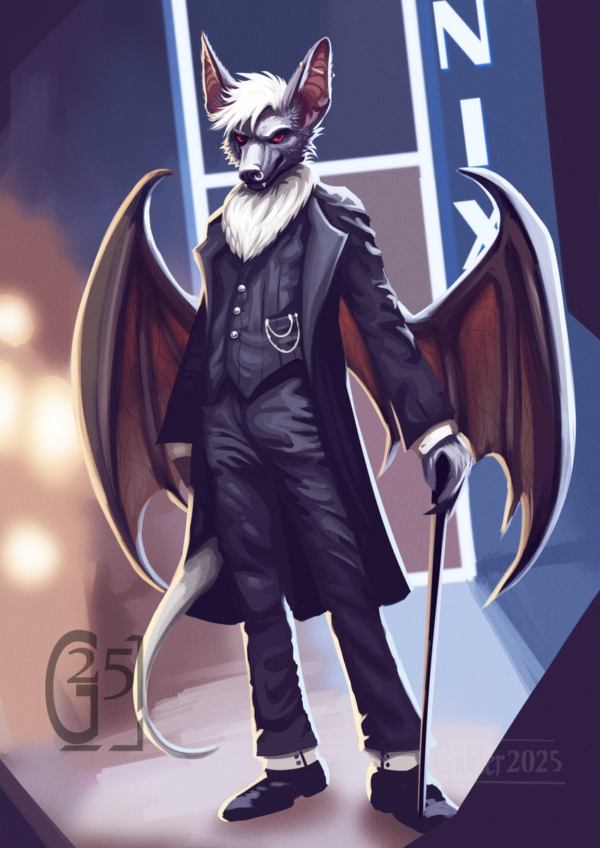 alternative_fashion anthro back_wings bat_wings black_body black_fur black_tie_(suit) cane clothing dress_pants dress_shoes ear_piercing facial_piercing fangs fur goth head_tuft male membrane_(anatomy) membranous_wings neck_tuft nose_piercing piercing red_eyes solo suit tail teeth tuft white_tail wings galder nix_(dez_sabertooth) bat mammal megabat hi_res