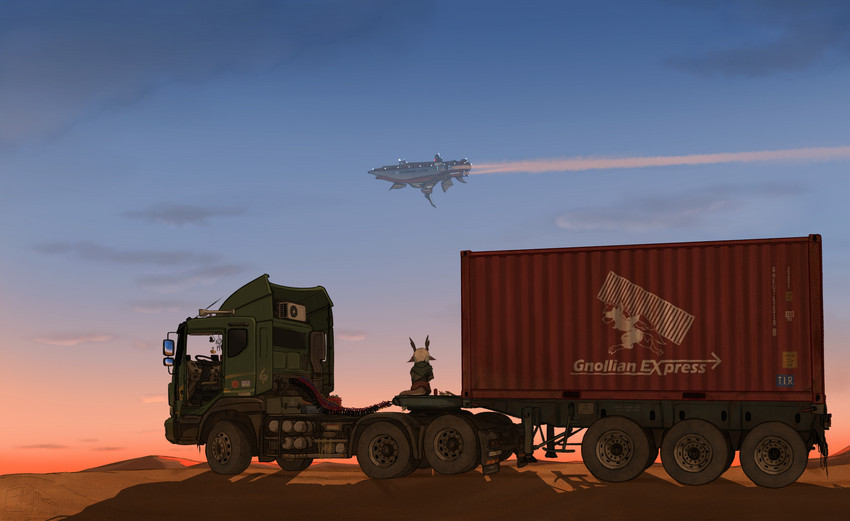 aircraft airship anthro cargo_ship container container_ship detailed_background fantasy female fur heavy_truck load_carrier merchant_ship motor_vehicle rear_view semi-trailer_truck ship solo sunset tail trailer_(vehicle) truck_(vehicle) vehicle watercraft orang111 daewoo daewoo_novus maersk mythology lynn_(orang111) deer dragon furred_dragon furred_scalie gnoll hybrid hyena mammal mythological_creature mythological_scalie scalie hi_res