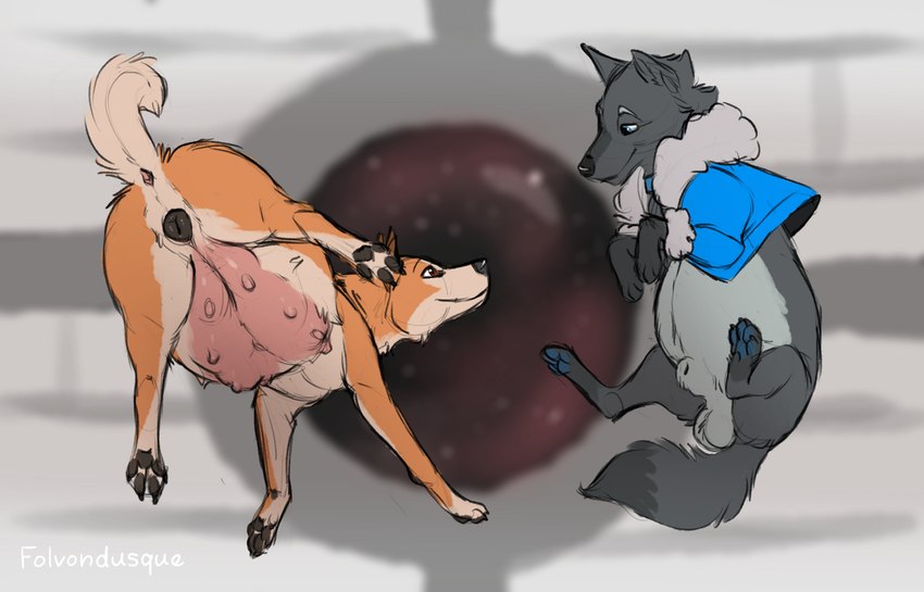 anatomically_correct anatomically_correct_genitalia anatomically_correct_pussy animal_genitalia animal_pussy anus balls black_pawpads black_tail_tip blue_eyes blue_pawpads blurred_background both_pregnant bottomless brown_eyes butt canine_genitalia canine_pussy clothed clothed_feral clothing coat coat_only countershade_torso countershading dipstick_tail duo eye_contact eyebrows feet female feral floating fully_sheathed fur genitals grey_body grey_fur looking_at_another male male/female markings midair multi_nipple multiple_pregnancies nipples pawpads pregnant pregnant_female pregnant_feral pregnant_male presenting presenting_hindquarters presenting_pussy pussy raised_eyebrow raised_tail rear_view sheath slightly_chubby smile space spacecraft spread_legs spread_toes spreading star tail tail_anus tail_markings tan_body tan_fur toes topwear topwear_only vehicle zero_gravity folvondusque canid canine canis domestic_dog fox mammal shiba_inu spitz absurd_res guide_lines hi_res signature