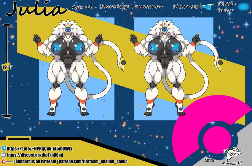 abs big_muscles eyewear female glasses huge_muscles hyper hyper_muscles muscular round_glasses solo text duragonart zeta_zeraora_(artist) nintendo pokemon julia_(zeta_zeraora) generation_7_pokemon legendary_pokemon pokemon_(species) solgaleo english_text hi_res model_sheet url