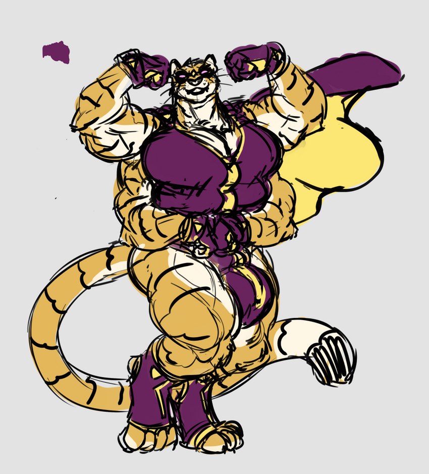 4_arms 4_breasts anthro breasts bulge cape cleavage clothed clothing digitigrade flexing genitals gynomorph hyper intersex mask multi_arm multi_breast multi_genitalia multi_limb multi_penis multifur muscular penis solo superhero boo3 the_stripe felid mammal pantherine tiger colored