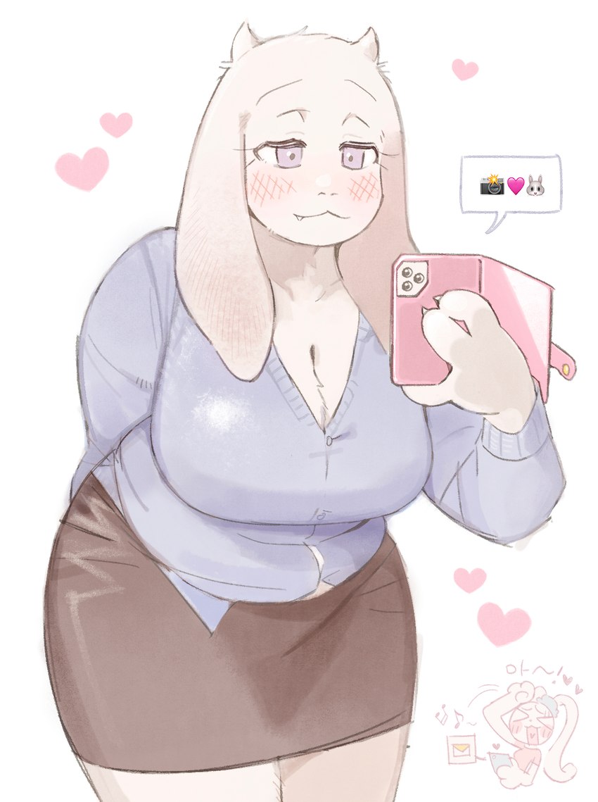 anthro big_breasts blush bottomwear breasts cellphone clothing collarbone cute_fangs electronics emoji eyebrows fangs female fur heart_symbol horn leaning leaning_forward phone purple_eyes shirt skirt smartphone solo teeth topwear white_body white_fur taku_10288 undertale_(series) toriel boss_monster_(undertale) bovid caprine goat mammal 2024 hi_res