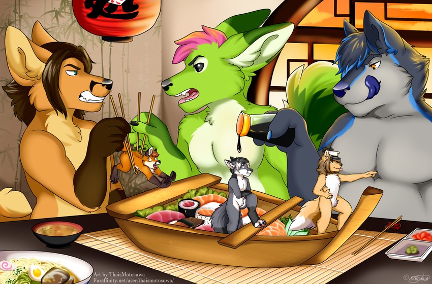 anthro boat extreme_size_difference food group japanese lamp lantern male male/male micro overweight overweight_anthro overweight_male paper_lantern pecs restaurant size_difference sushi text vehicle vore watercraft conditional_dnp thaismotosuwa canid canine canis fox mammal wolf absurd_res hi_res url