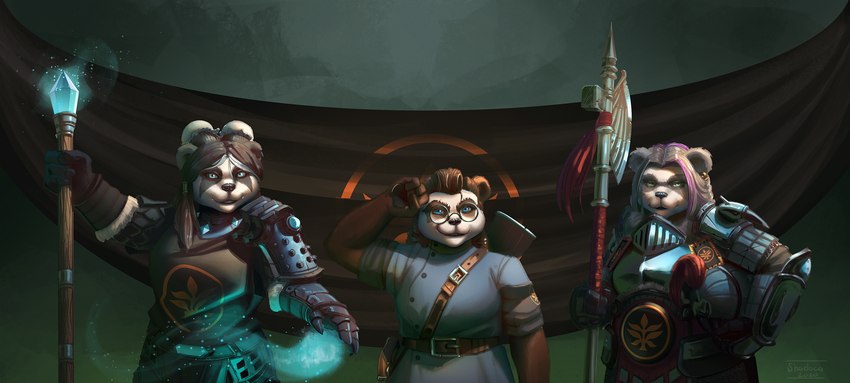 anthro ear_piercing female halberd melee_weapon piercing polearm simple_background staff weapon shadoca blizzard_entertainment warcraft bear mammal pandaren absurd_res hi_res