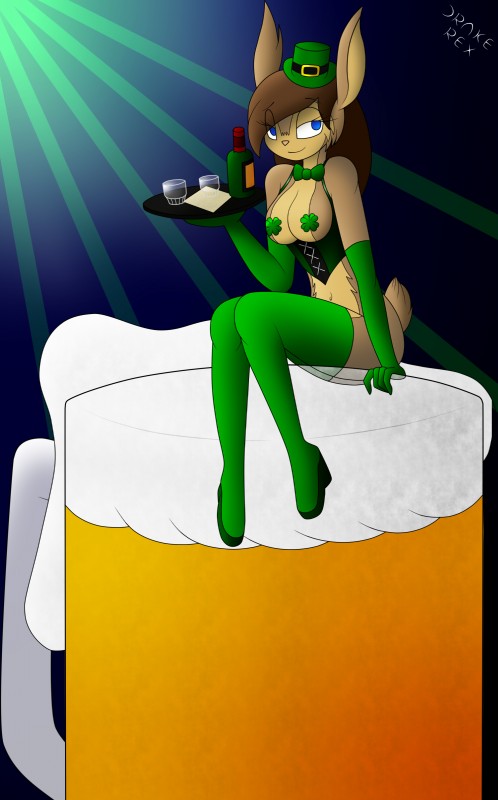 alcohol anthro barmaid beer beverage biped blue_eyes bow_(feature) bow_tie breasts brown_body brown_fur brown_hair clothed clothing clover_(plant) container female food fur hair hair_bun half-closed_eyes holidays in_container in_cup long_hair micro narrowed_eyes pastries pink_nose plant sitting skimpy solo drake-rex gabbslines st._patrick's_day beliza_(gabbslines) european_hare hare lagomorph leporid mammal absurd_res hi_res