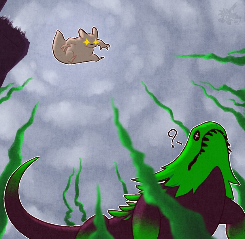 3_fingers ambiguous_gender anthro back_spikes big_tail biped black_body black_eyes black_nose black_scales black_tail building cheek_spikes cloud cross_pupils detailed_background dipstick_tail duo eye_glint facial_spikes feet feral fingers fur green_body green_scales green_tail green_tail_tip imminent_death impending_doom jumping leg_markings looking_at_another low-angle_view markings midair monotone_body monotone_fur monotone_tail multicolored_tail nude oblivious outside plant pounce pupils quadruped question_mark scales semi-anthro sky socks_(marking) spikes spikes_(anatomy) standing tail tail_markings tan_body tan_ears tan_fur tan_tail two_tone_tail white_pupils worm's-eye_view tamymew rain_world videocult gourmand_(rain_world) green_lizard_(rain_world) lizard lizard_(rain_world) mammal reptile scalie slugcat 2023 colored digital_media_(artwork) shaded signature