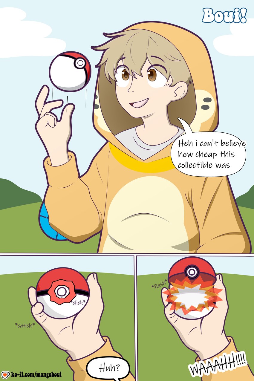 catching clothed clothing costume dialogue first_person_view hair holding_object hoodie human_only imminent_transformation kigurumi male not_furry not_furry_focus onesie open_mouth outside pokeball pokemon_costume pre-transformation solo speech_bubble tan_hair text topwear boui nintendo pokemon buizel generation_4_pokemon human mammal pokemon_(species) absurd_res comic english_text hi_res url