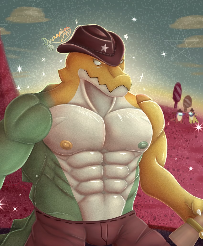 abs anthro bottomwear clothing cowboy_hat green_body hat headgear headwear male muscular muscular_male nipples pants pecs solo yellow_body duckaphion ambient_among_us glitch_productions the_amazing_digital_circus gummigoo_(tadc) crocodile crocodilian reptile scalie hi_res