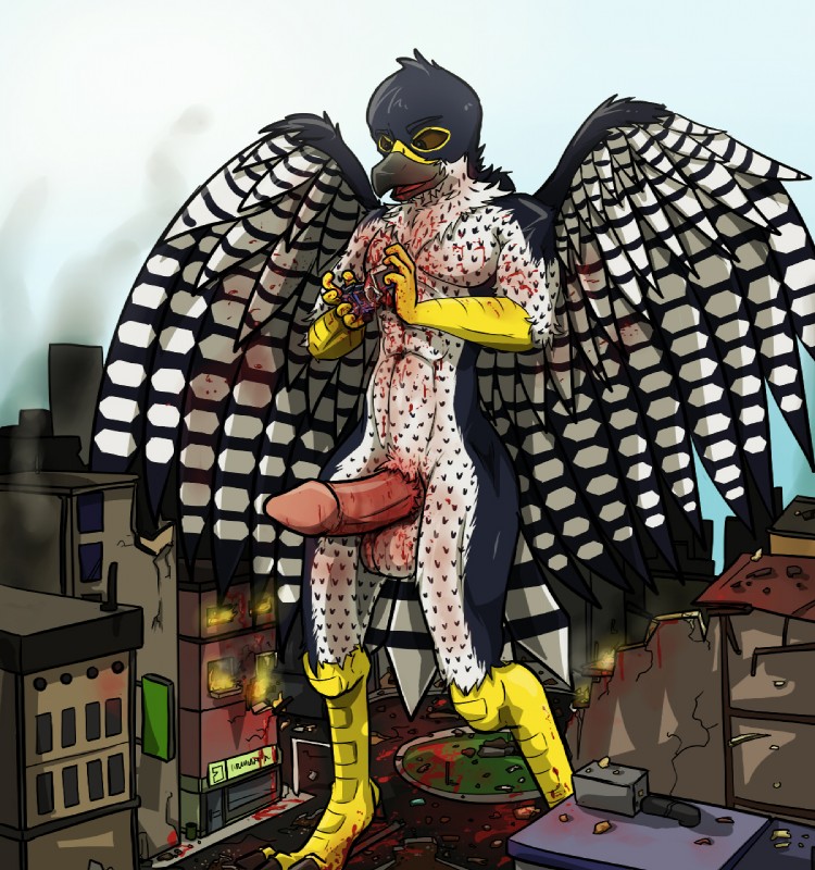 blood bodily_fluids brown_eyes burning_building claws complex_markings destruction erection feathers fire front_view genitals gore hyper macro male penis solo arrwulf corvidius_(character) avian bird falcon falconid digital_media_(artwork) full-length_portrait hi_res portrait