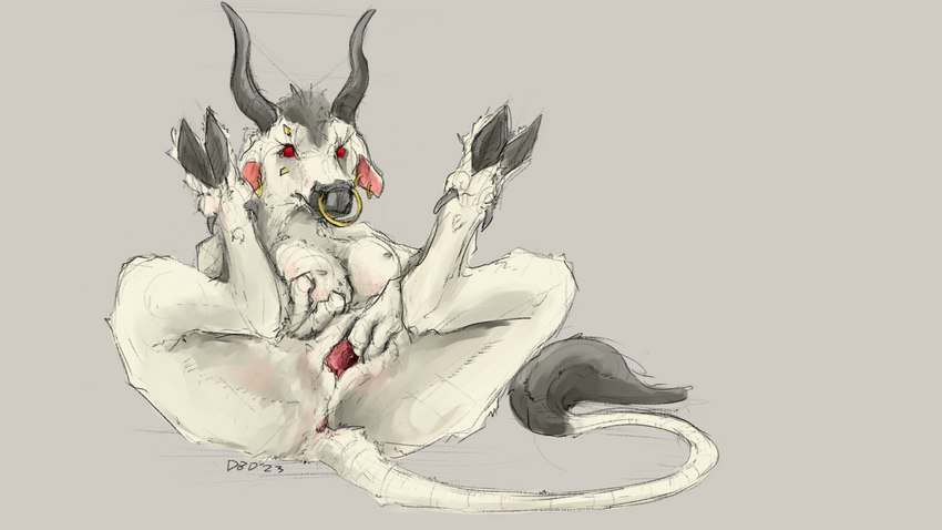 anthro anus breasts cheek_piercing cloven_hooves dewclaw_hooves ear_piercing ear_ring eyelashes facial_piercing female fur gaping gaping_pussy genitals grey_body grey_fur hand_on_breast holding_breast hooves horn legs_up looking_at_viewer mane mouth_closed nipples no_pupils nose_piercing nose_ring piercing presenting presenting_pussy pussy red_eyes ring_piercing simple_background solo spread_legs spread_pussy spreading tail tail_fluff tan_body tan_fur underhoof unguligrade diamondbackdrake european_mythology greek_mythology mythology diomede bovid bovine cattle mammal minotaur 16:9 2023 hi_res signature widescreen