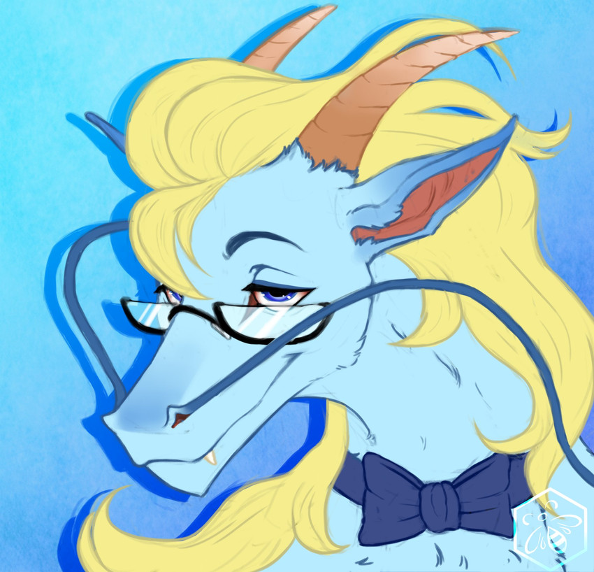 blonde_hair blue_body blue_fur eyewear fangs feral fur glasses hair horn male ribbons solo teeth bumblewish_(artist) mythology dragon mythological_creature mythological_scalie scalie headshot_portrait hi_res portrait