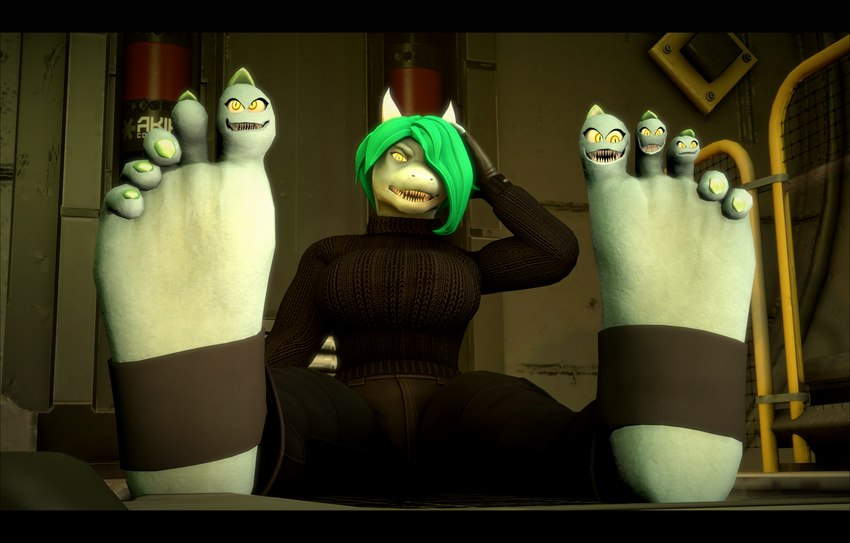 2_horns 5_toes anthro barefoot black_border black_bottomwear black_clothing black_gloves black_handwear black_pants black_shirt black_topwear blue_body border bottomwear breasts clothing colored_nails curling_toes feet female fingerless_gloves fingernails foot_focus footwear gloves green_fingernails green_hair green_nails green_toenails group hair handwear horn humanoid_feet inside legwear logo nails open_mouth pants plantigrade shirt short_hair sitting socks soles stirrup_footwear stirrup_legwear stirrup_socks stirrup_stockings stockings text toenails toes topwear transformation white_horn celdwyn_(artist) petruz_(modeler) caryll_(chappey) lizard reptile scalie 2024 3d_(artwork) artist_logo artist_name digital_media_(artwork) hi_res source_filmmaker_(artwork)