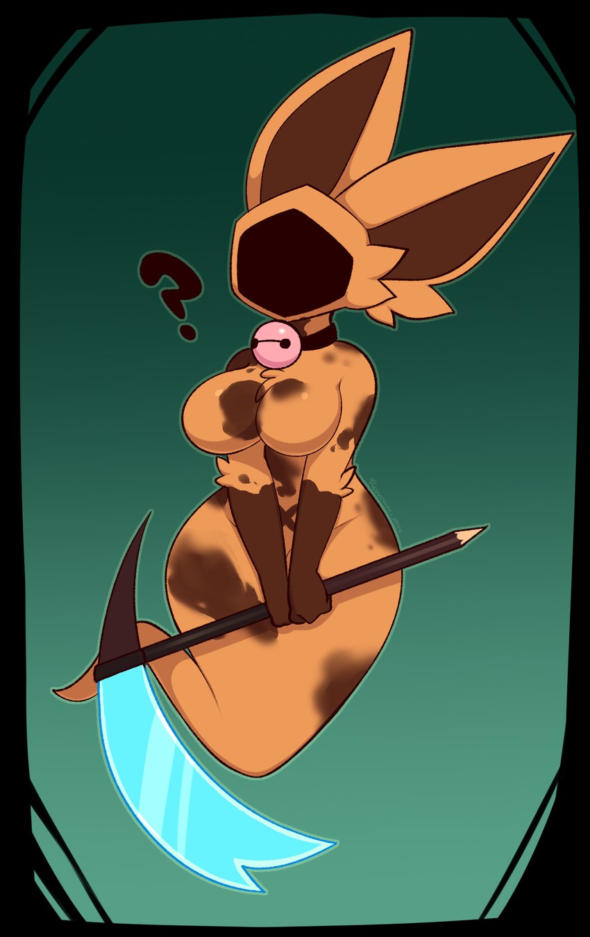 anthro big_ears breasts faceless_character female gradient_background long_ears melee_weapon patterns polearm question_mark scythe simple_background solo weapon puppysnackz atlyss geist_(atlyss) hi_res