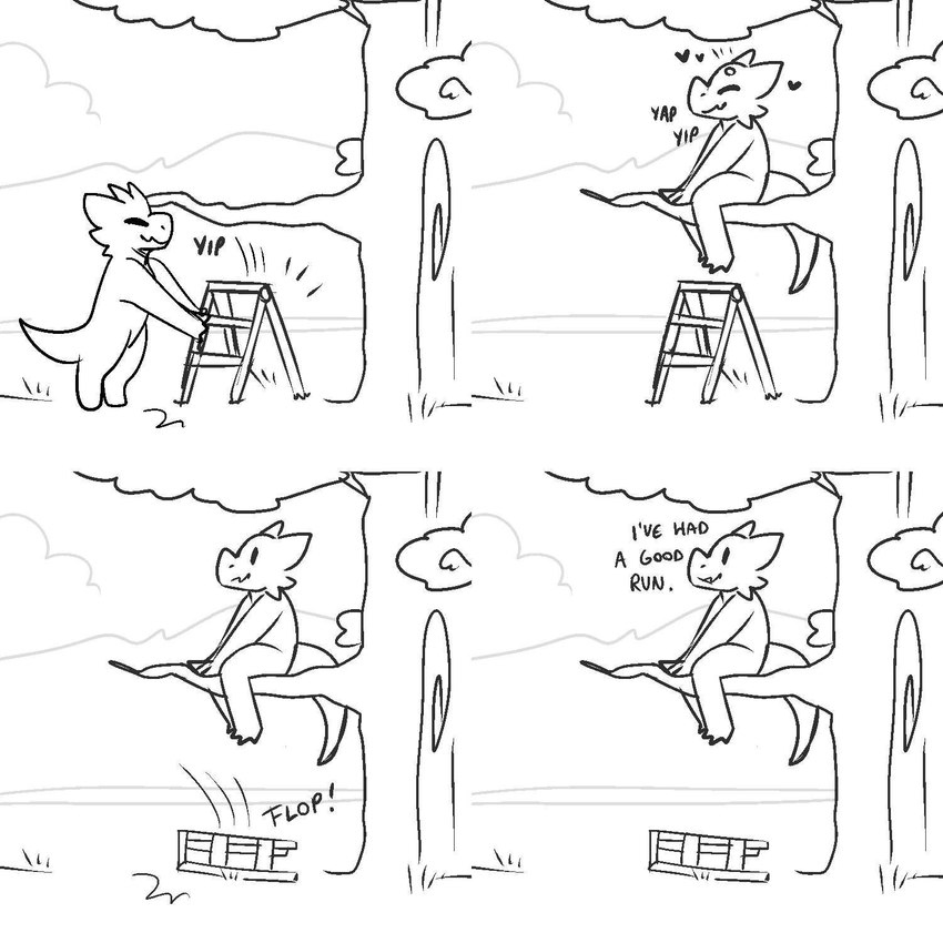 4_panel_comic dialogue eyes_closed ladder plant sitting smile standing tail tree unknown_artist kobold scalie 1:1 hi_res monochrome