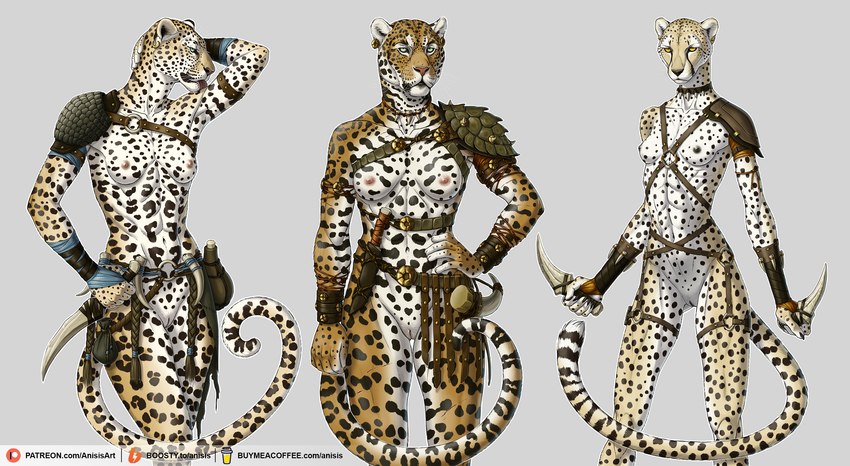 5_fingers abs anthro armor athletic athletic_anthro athletic_female belt black_nose breasts claws dual_wielding female finger_claws fingers fur genitals group harness holding_knife holding_object holding_weapon humanoid_hands hunter knife leather leather_harness leather_strap leopard_spots markings medium_breasts mostly_nude multicolored_body multicolored_fur muscular muscular_anthro muscular_female navel nipples nude pauldron pecs pecs_with_breasts pussy raised_arm small_breasts spots spotted_body spotted_fur straps text tribal trio two_tone_body two_tone_fur unconvincing_armor waist_accessory weapon white_body white_fur yellow_body yellow_fur anisis cheetah felid feline jaguar leopard mammal pantherine 2022 digital_media_(artwork) hi_res url