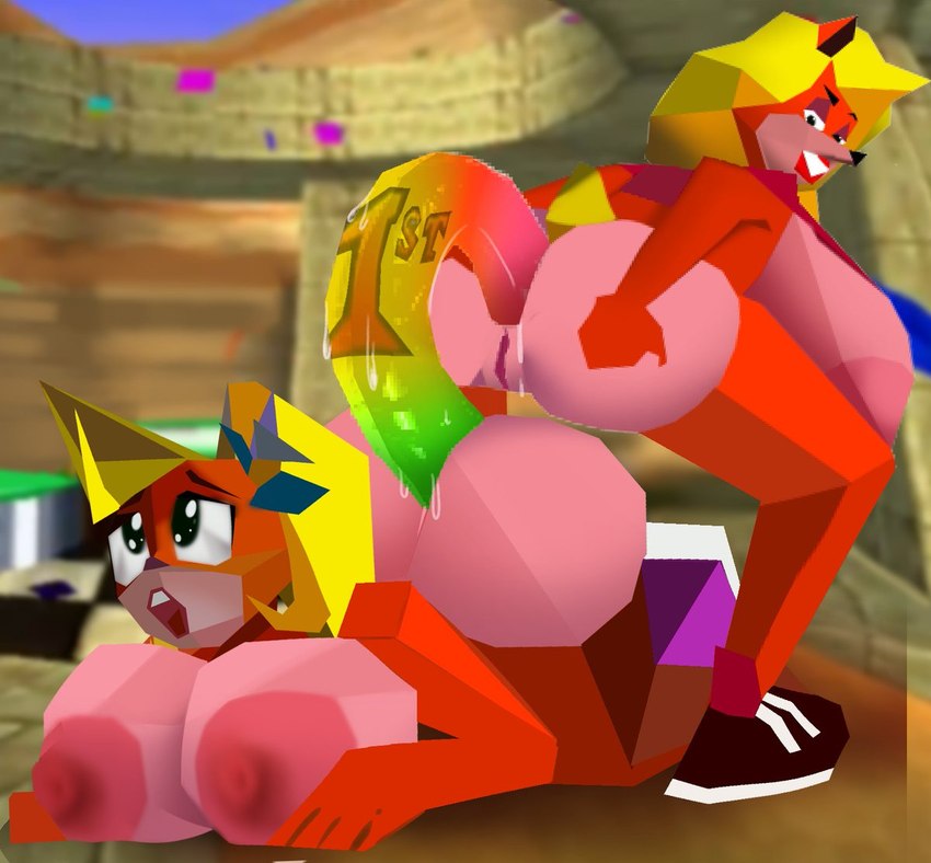 anthro blonde_hair dildo double_dildo duo female female/female hair low_poly on_model sex_toy crabtopus activision crash_bandicoot_(series) crash_team_racing_(series) coco_bandicoot tawna_bandicoot bandicoot mammal marsupial