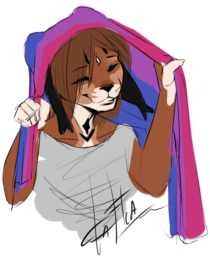 5_fingers anthro bisexual_pride_colors breasts brown_hair clothed clothing female fingers flag flag_(object) hair holding_flag holding_object lgbt_pride pride_color_flag pride_colors smile solo dafka bufl_(dafka) caracal caracal_(genus) felid feline mammal