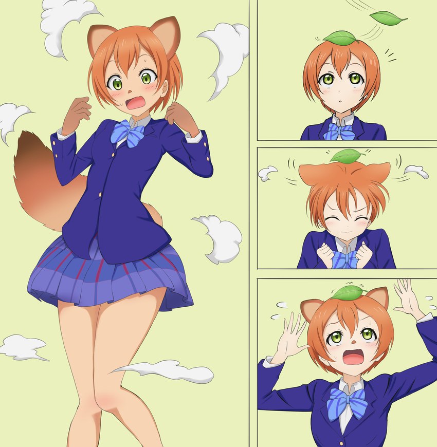 anthro bottomwear breasts clothed clothing female fully_clothed hair human_to_anthro leaf light_body light_skin orange_hair raised_arms school_uniform shocked short_hair simple_background skirt small_breasts solo species_transformation standing tail tanuki_leaf transformation transformation_sequence uniform yellow_eyes yonkoma ofuchobettoshirai love_live! love_live!_school_idol_project rin_hoshizora animal_humanoid canid canid_humanoid canine canine_humanoid human humanoid mammal mammal_humanoid raccoon_dog tanuki tanuki_humanoid absurd_res comic digital_media_(artwork) hi_res