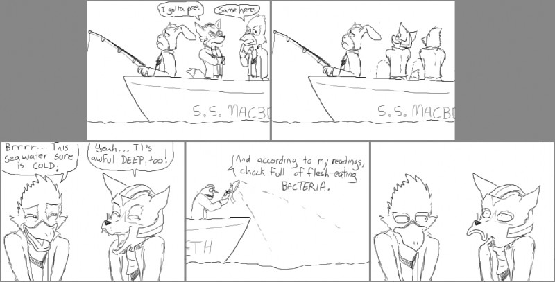 anthro black_eyes boat bodily_fluids dialogue fishing genital_fluids group humor male peeing text urine urine_stream vehicle watercraft fredryk_phox nintendo paintchat star_fox falco_lombardi fox_mccloud peppy_hare slippy_toad canid canine fox mammal comic english_text monochrome