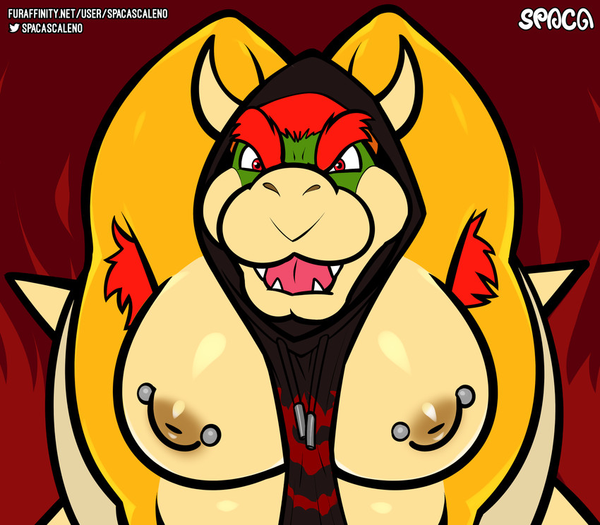 anthro armpit_hair body_hair clothing hair horn looking_at_viewer male muscular muscular_anthro muscular_male nipple_piercing nipples open_mouth piercing simple_background solo text spaca mario_bros nintendo bowser koopa mammal scalie absurd_res digital_media_(artwork) hi_res url