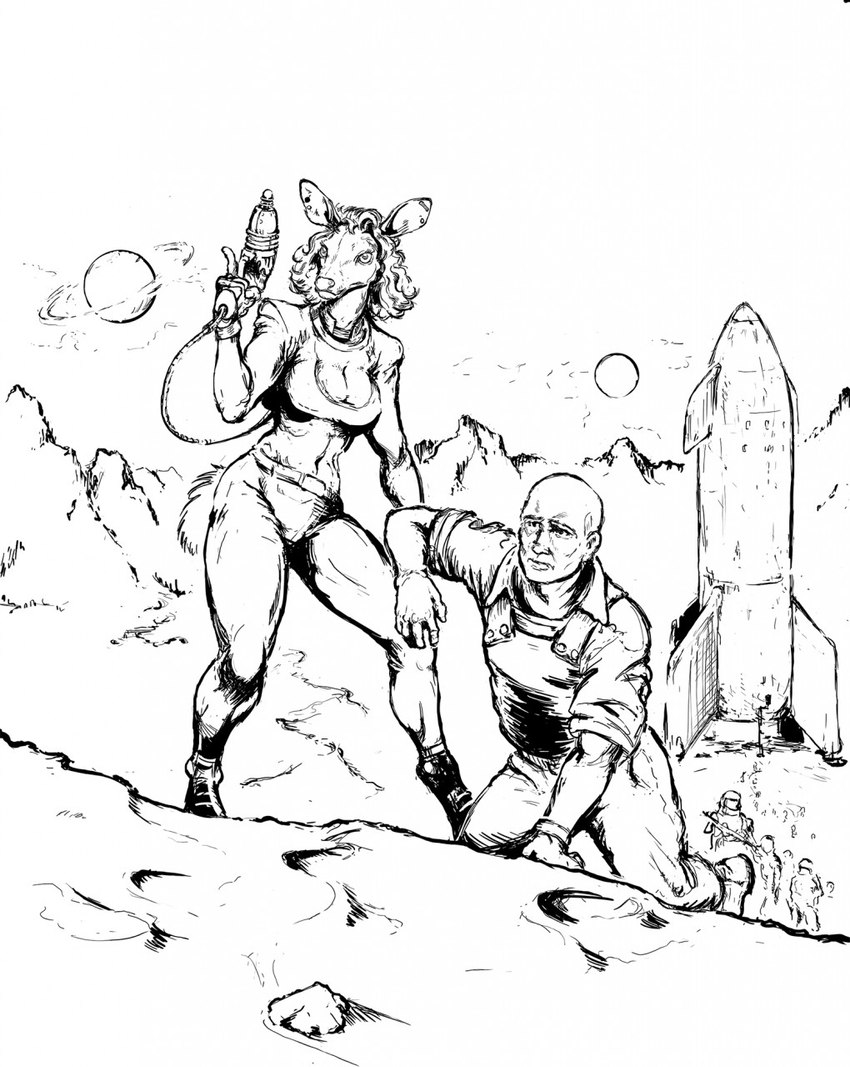 anthro belt boots cleavage_cutout clothing crop_top cutout duo female footwear futuristic_weapon hair holding_arm holding_object holding_weapon lifting_another male mountain rocket_ship shirt shoes topwear weapon hotchkisstank deer human mammal 2020 hi_res monochrome