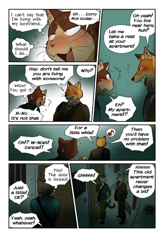 anthro clothing dialogue duo male text maririn daisuke_yomo jinpei_shinooka canid canine domestic_cat felid feline felis fox mammal comic english_text hi_res