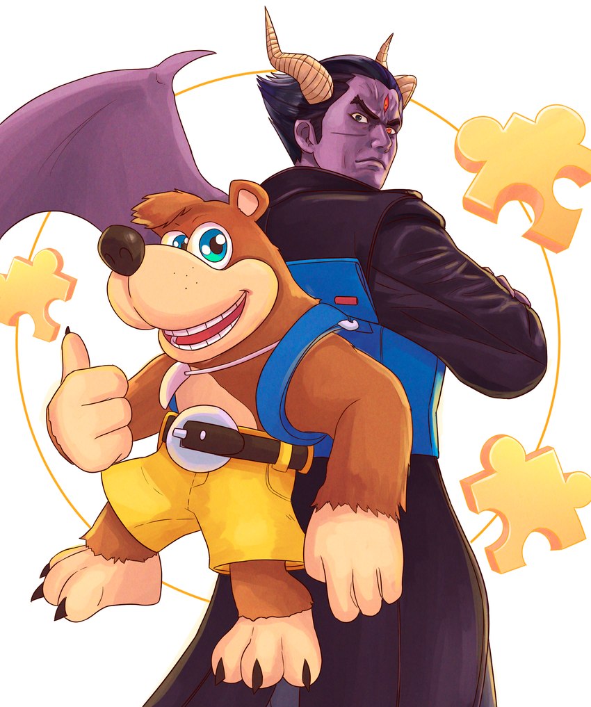 3_eyes anthro backpack blue_eyes bottomwear brown_body brown_fur clothing duo fur gesture hand_gesture horn humor looking_at_viewer male membrane_(anatomy) membranous_wings multi_eye shorts simple_background size_difference thumbs_up white_background wings true_jek banjo-kazooie nintendo rareware super_smash_bros. tekken banjo_(banjo-kazooie) devil_kazuya kazuya_mishima bear demon demon_humanoid humanoid mammal crossover hi_res