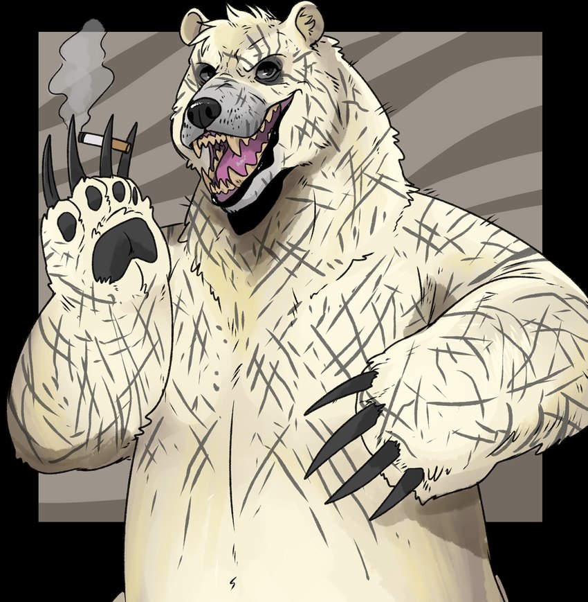 abstract_background cigarette fangs front_view fur grey_eyes grey_sclera holding_cigarette holding_object looking_at_viewer male narrowed_eyes open_mouth pink_tongue semi-anthro solo tan_body tan_fur teeth tongue imperatorcaesar bear mammal polar_bear ursine alpha_channel half-length_portrait portrait