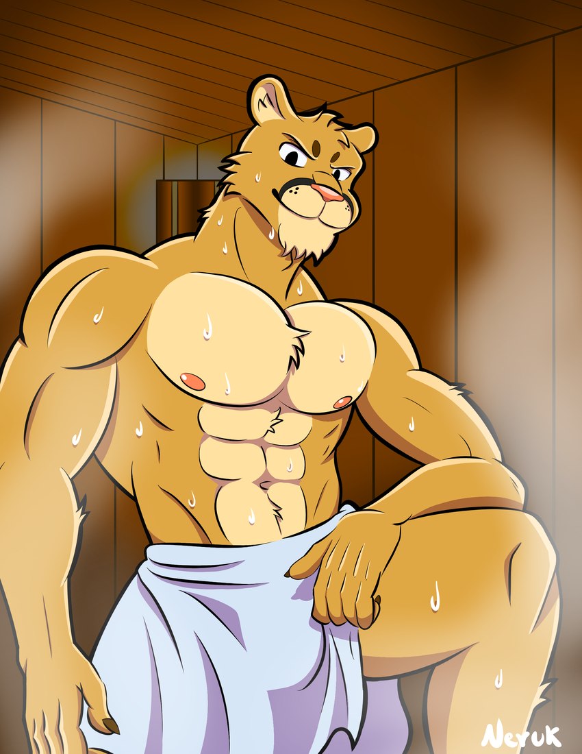 anthro bodily_fluids bulge leaning leaning_forward looking_at_viewer male muscular nipples sauna smile solo steam sweat towel towel_only neruk cougar felid feline mammal absurd_res hi_res