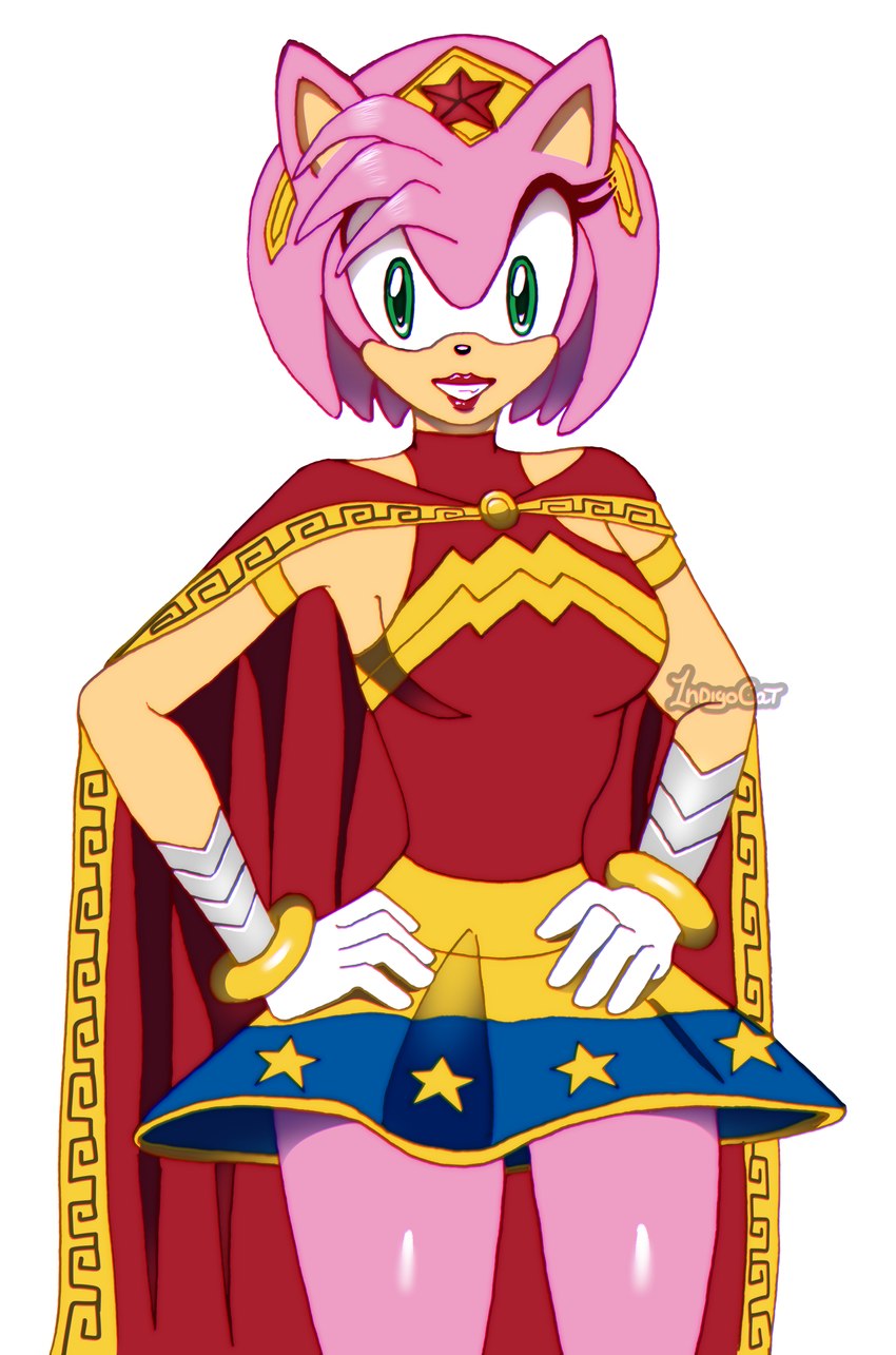 anthro cape clothed clothing cosplay crossover_cosplay crown dress female fur gold_(metal) gold_jewelry green_eyes hand_on_hip headgear jewelry lips lipstick makeup pink_body pink_fur pose red_lips red_lipstick smile star tiara 1ndigocat dc_comics sega sonic_the_hedgehog_(series) amy_rose wonder_woman eulipotyphlan hedgehog mammal absurd_res crossover half-length_portrait hi_res pinup portrait