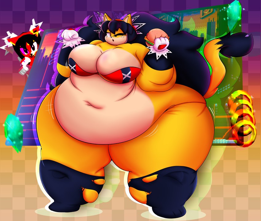 accessory anthro bedroom_eyes belly big_belly big_breasts big_butt big_hair black_hair black_nose black_tail blush bottomwear breasts burger butt checkered checkered_background cleavage clothed clothing female food footwear gloves hair hair_accessory handwear holding_burger holding_food holding_object huge_belly huge_breasts huge_butt huge_thighs hyper hyper_belly hyper_butt hyper_thighs looking_at_viewer midriff morbidly_obese morbidly_obese_anthro morbidly_obese_female multicolored_body narrowed_eyes navel obese obese_anthro obese_female one_eye_closed open_mouth overweight overweight_anthro overweight_female pattern_background pigtails red_eyes screencap screencap_background seductive simple_background solo tail tan_body thick_thighs topwear torn_clothing torn_footwear two_tone_body two_tone_tail white_clothing white_gloves white_handwear yellow_body yellow_tail s0ftpudding sega sonic_the_fighters sonic_the_hedgehog_(series) honey_the_cat domestic_cat felid feline felis mammal 2024 absurd_res digital_drawing_(artwork) digital_media_(artwork) hi_res mixed_media