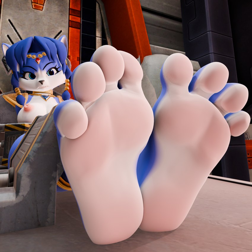 4_toes anthro barefoot blush body_blush breasts clothed clothing crown feet female foot_blush foot_fetish foot_focus headgear humanoid_feet nipples paws plantigrade restrained restraints soles solo stocks tiara toes topless twintails3d nintendo star_fox krystal_(star_fox) canid canine fox mammal 1:1 3d_(artwork) digital_media_(artwork) hi_res