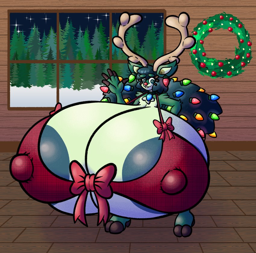 anthro antlers areola areola_slip big_areola big_breasts bow_ribbon bra breasts christmas_lights clothing female fur green_body green_eyes green_fur green_hair green_nipples hair holidays hooves horn huge_areola huge_breasts hyper hyper_breasts inside nipple_outline nipples red_nose solo underwear window wreath sprucy christmas deer mammal new_world_deer reindeer hi_res