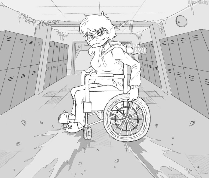 anthro clothing disability eyelashes female footwear freckles hallway hoodie inside locker looking_at_viewer paraplegic school_hallway shoes sitting slippers snout solo topwear vehicle wheelchair alexnikky akira_slide cavemanon_studios i_wani_hug_that_gator olivia_halford baryonyx dinosaur prehistoric_species reptile scalie spinosaurid theropod 2024 artist_name black_and_white hi_res monochrome sketch watermark