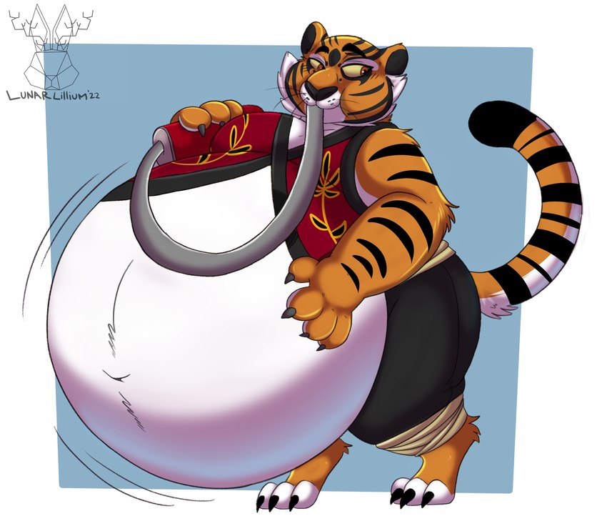 air_tank anthro asian_clothing balloon_belly belly belly_inflation big_belly body_inflation chinese_clothing claws clothing east_asian_clothing female finger_claws fur hose hose_in_mouth hose_inflation hyper hyper_inflation inflation inflation_fetish navel navel_outline simple_background solo striped_body striped_fur stripes toe_claws lunarlillium dreamworks kung_fu_panda master_tigress felid mammal pantherine tiger cel_shading digital_drawing_(artwork) digital_media_(artwork) hi_res shaded