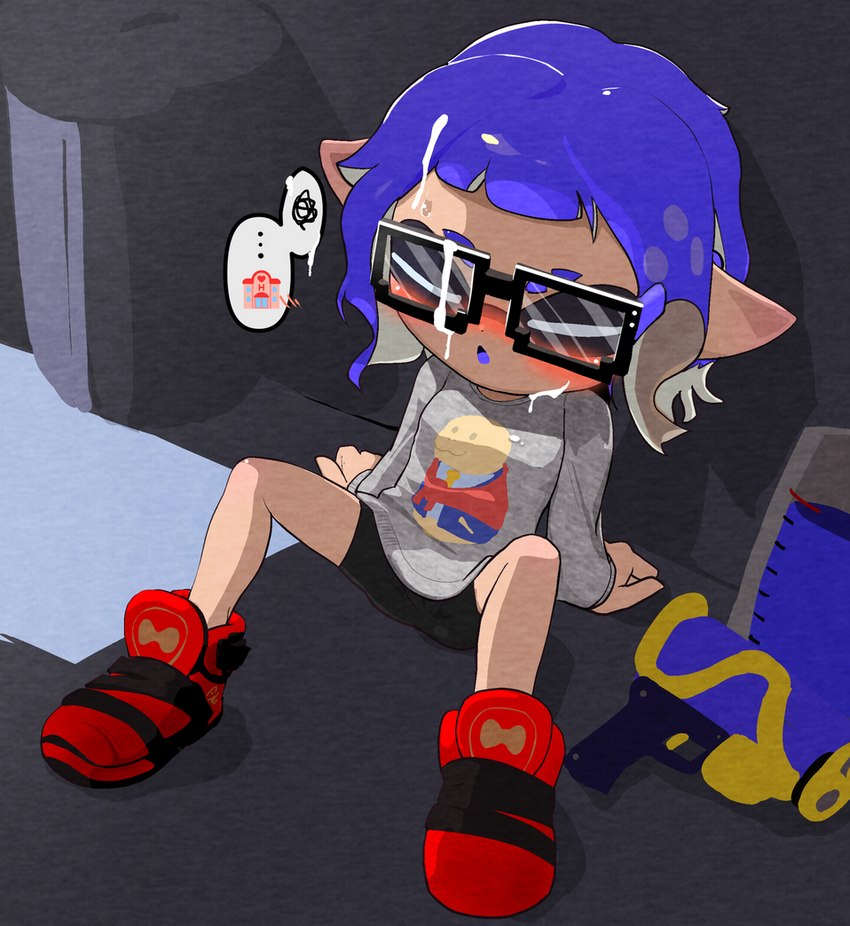 after_oral after_sex alley blaster blaster_(splatoon) blaster_pistol blue_hair bodily_fluids cum cum_on_face cum_on_glasses eyes_closed eyewear genital_fluids glasses hair looking_offscreen male narrow_hips purple_eyes sitting solo splattershot spoken_squiggle thin_calves thin_legs thin_thighs tukada nintendo splatoon splatoon_(manga) 8-bit_(splatoon) animal_humanoid cephalopod cephalopod_humanoid humanoid inkling marine marine_humanoid mollusk mollusk_humanoid