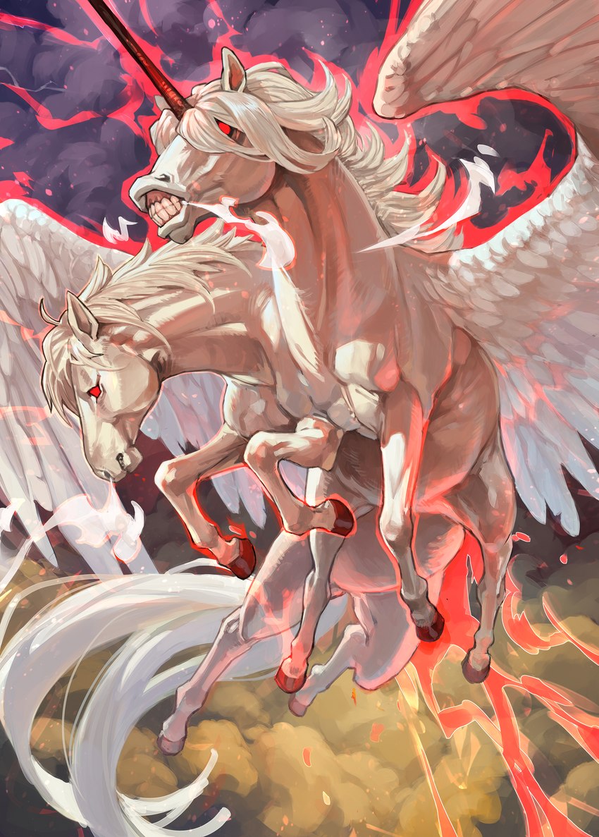 2_heads 7_legs ambiguous_gender cloud feathered_wings feathers feral hooves horn mane multi_head multi_leg multi_limb red_eyes solo tail teeth wings wolftapioca mythology equid equine mammal mythological_creature mythological_equine winged_unicorn absurd_res hi_res