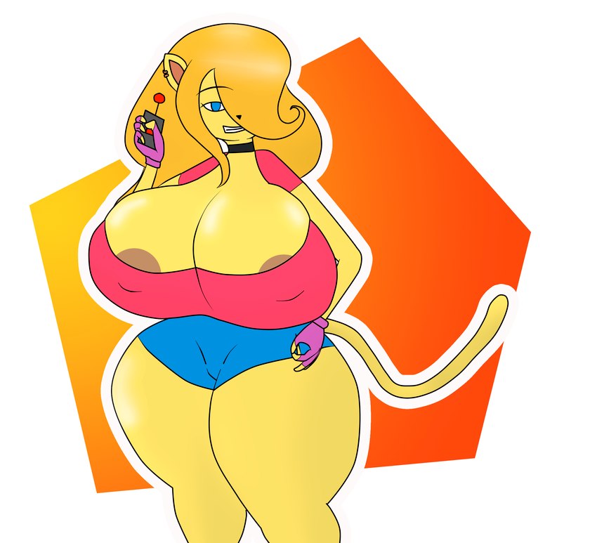 anthro big_breasts breasts brown_nipples controller erect_nipples female fur hair huge_breasts nipples orange_hair remote_control simple_background smile solo wide_hips yellow_body yellow_fur mrschllyay fan_character sally_furbomb felid feline mammal hi_res