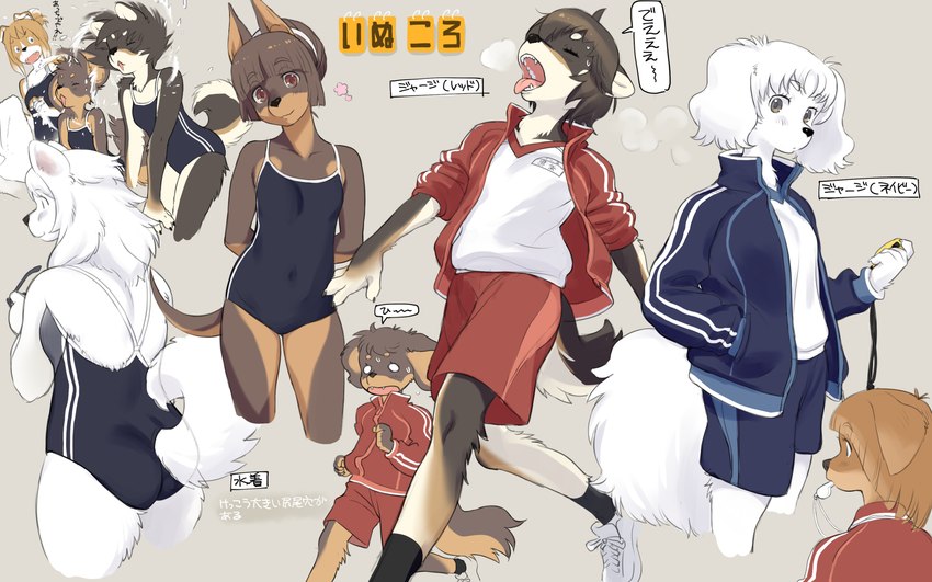 anthro brown_body brown_eyes brown_fur clock clothing eyebrow_through_hair eyebrows female floppy_ears fur group hair kemono looking_at_viewer multicolored_body multicolored_fur open_mouth school_swimsuit stopwatch swimwear text tracksuit translucent translucent_hair watch whistle_(object) white_body white_fur kikurage inukoro_(kikurage) edoya hanakoji_terasu kise_kotori koriyama_meiko kuroshiba_nagomi kusuda_korone shirakawa_tamami canid canine canis domestic_dog mammal 16:10 copyright_name hi_res japanese_text translated widescreen