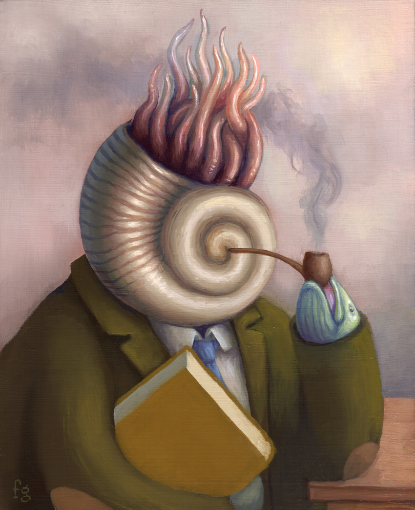 ambiguous_gender book cephalopod_shell clothing desk furniture holding_book holding_object mollusk_shell necktie pipe shell simple_background smoking_pipe solo suit surrealism table tentacles fredgray animal_humanoid cephalopod fish humanoid marine mollusk mollusk_humanoid nautilus 2017 signature