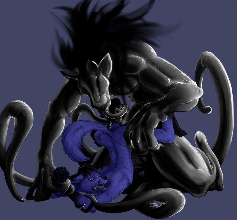 anal anal_penetration anthro arm_grab back_groove big_dom_small_sub black_body black_fur black_nose black_tentacles blue_body blue_eyes blue_fur blue_tail bodily_fluids cum dominant dominant_male duo fluffy fluffy_tail forced front_view frown fully_restrained fur genital_fluids genitals latex leg_grab male male/male male_penetrated male_penetrating male_penetrating_male muscular nude open_mouth penetration penis rape rear_view restrained sex simple_background size_difference smoke snout submissive submissive_male tail teeth tentacles three-quarter_view tongue wishbone_mouth amadeusvirus canid canine demon eldritch_abomination fox mammal monster tentacle_creature hi_res