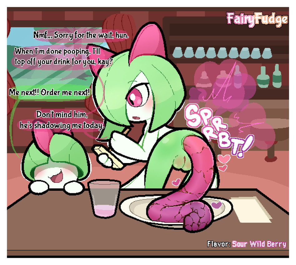 anus bent_over beverage blush border casual_pooping colored_feces container cup dialogue duo fart feces feces_as_food feces_on_plate feces_pile female female_pooping flavored_scat food_feces genitals glass glass_container glass_cup hands_on_table heart_symbol looking_back lying male obscured_eyes on_back open_mouth open_smile pink_feces plate plump_labia pooping pooping_on_plate purple_feces rear_view restaurant scatplay sex smile sound_effects speech_bubble table_lotus_position talking_to_viewer text unusual_feces vowelless vowelless_sound_effect vulva waiter white_border window writing_utensil fairyfudge nintendo pokemon generation_3_pokemon humanoid kirlia pokemon_(species) ralts aliasing digital_media_(artwork) english_text signature