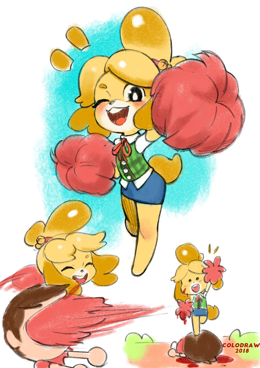 accessory anthro blonde_hair blood bodily_fluids brown_hair clothing duo eyes_closed female floppy_ears hair hair_accessory male motion_lines one_eye_closed open_mouth open_smile pom_poms pose smile text unconscious violence wink colo animal_crossing nintendo isabelle_(animal_crossing) villager_(animal_crossing) canid canine canis domestic_dog human mammal shih_tzu toy_dog 2018 absurd_res english_text hi_res