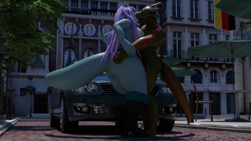 anthro big_butt butt car city female hug male male/female mistress street vehicle wide_hips suicune_queen_(artist) mythology nintendo pokemon sui dragon mythological_creature mythological_scalie scalie 3d_(artwork) digital_media_(artwork) hi_res