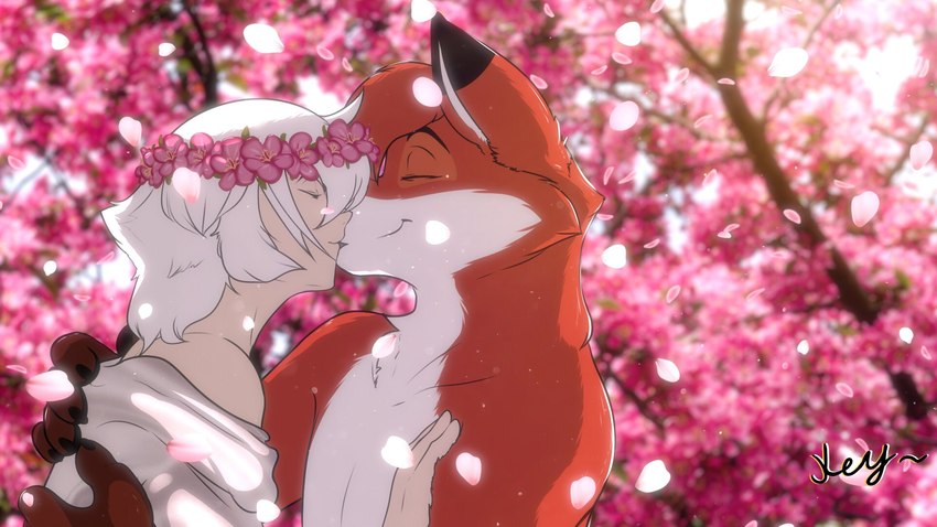 anthro cherry_blossom cherry_blossom_tree cherry_tree claws collarbone countershade_torso countershading dipstick_ears duo ear_markings eyes_closed flower flower_crown fruit_tree hair human_on_anthro interspecies kissing male male/male multicolored_ears petals plant prunus_(flower) romantic romantic_couple smile tree white_body white_hair white_skin keycaliber1 jayce_(keycaliber1) kaii_(keycaliber1) canid canine fox human mammal 16:9 2023 alternate_version_at_source digital_drawing_(artwork) digital_media_(artwork) hi_res signature widescreen