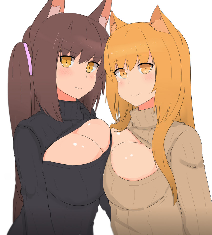 big_breasts blush breast_squish breasts breasts_frottage cleavage cleavage_cutout clothed clothing cutout duo female keyhole_turtleneck squish sweater topwear turtleneck nao_(artist) animal_humanoid humanoid digital_media_(artwork) shaded