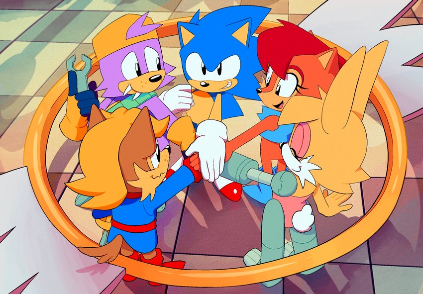 sonic the hedgehog, antoine depardieu, rotor the walrus, bunnie rabbot, classic sonic, and etc (sonic the hedgehog (archie) and etc) created by pesky-pincushion