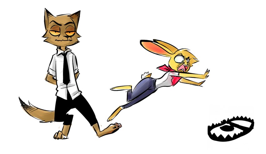 anthro bear_trap brown_body brown_fur clothing dress_shirt duo falling female fur male necktie orange_eyes shirt simple_background topwear trap_(contrivance) tripping white_background yellow_body yellow_fur street_fright_manifesto disney zootopia fan_character canid canine canis lagomorph leporid mammal rabbit wolf