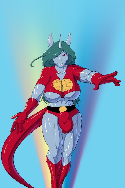 balls big_breasts breasts bulge clothed clothing cosplay costume genitals gloves green_hair gynomorph hair hair_over_eye handwear horn intersex muscular muscular_gynomorph muscular_intersex one_eye_obstructed red_eyes skimpy solo tail tight_clothing under_boob bakuhaku captain_planet_and_the_planeteers mythology captain_planet dragon equid equine hybrid mammal mythological_creature mythological_equine mythological_scalie scalie unicorn 2:3 hi_res